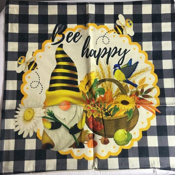 NWOT Gnome Sunflower Bee Daisy "Bee Happy" pillow cover fits 16"x16" pillow - Picture 1 of 11